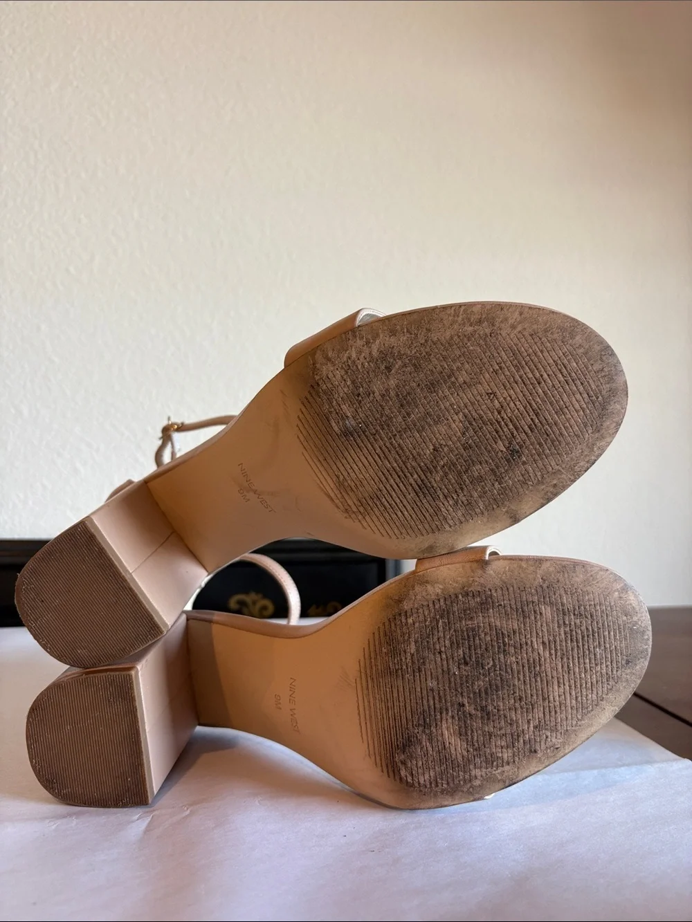 Nine West Beige Block Heel Sandals with Ankle Strap